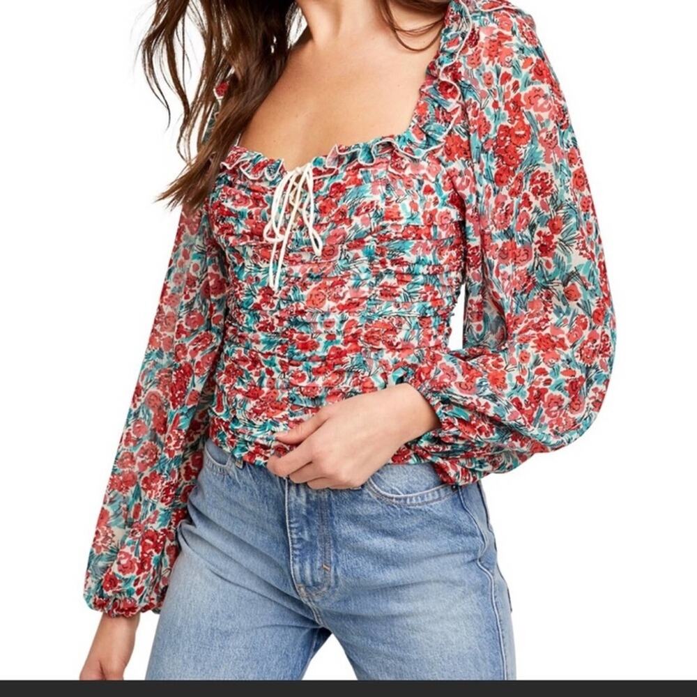 Free People Top NWT Mabel Floral Red Open Back Blouse Long Sleeves Womens Small